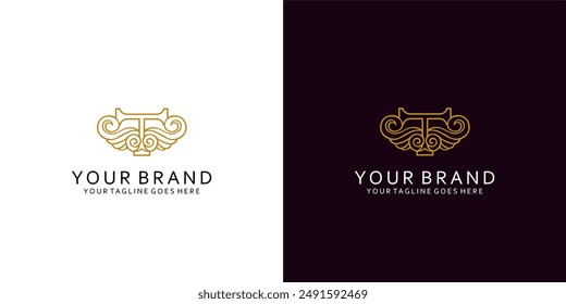 Un moderno logotipo de monograma con la letra T que tiene adornos de línea clásica y da una impresión elegante