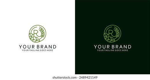 A modern monogram logo that has graphic elements of agricultural natural leaves that give an impression of cleanliness, simplicity, and elegance