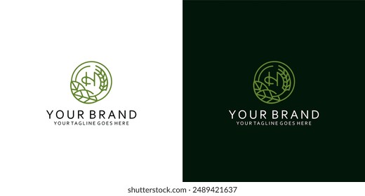 Un moderno logotipo monograma que tiene Elementos gráficos de hojas naturales agrícolas que dan una impresión de limpieza, sencillez y elegancia