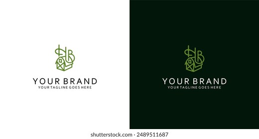Un moderno logotipo de monograma que tiene Elementos gráficos de un granero agrícola que da la impresión de limpieza, sencillez y elegancia