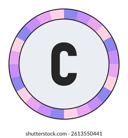 Modern Monogram lowercase Letter c in Black with Soft Pastel Pink and Blue Circular Frame on Light Gray, enclosed in a black frame.