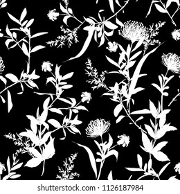 Modern monotone black and white color modern mood silhouette botanical florals with contrast outline seamless pattern vector for fashion fabric and all prints 