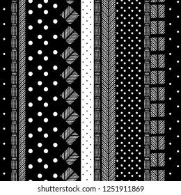 Modern monotone black and white pattern mixed geometric  and hand drawn line on vertical stripe design for fashion,fabric ,and all prints on black