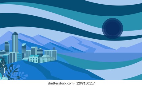 Modern monotone minimal style of the city among mountain hill with background of mountain, lake and the sun
