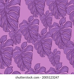 Modern monstera leaf seamless pattern on purple background. Tropical leaves philodendron plant silhouette backdrop. Exotic wallpaper. Vector design for fabric, textile print, wrapping paper
