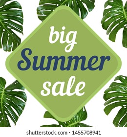  Modern monstera leaves big summer sale, great design for any purposes. Special offer sign. Hot summer sale banner. Modern sale design. Vector business illustration.