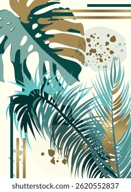 Modern Monstera and Palm Botanical Print with Gold Accents. Trendy Minimalist Nature Illustration for Stylish Home and Interior Decor.