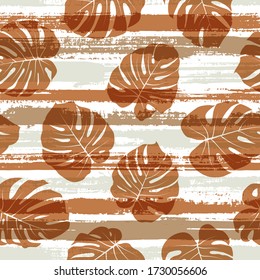 Modern monstera philodendron liana hole leaves over painted stripes seamless pattern design. Bali exotic foliage swimwear textile print. Tropical leaves and stripes seamless.