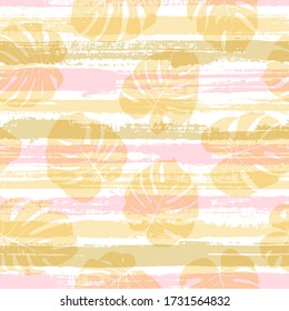 Modern monstera philodendron liana hole leaves overlaying stripes vector seamless pattern. Indonesian forest foliage clothing fabric print. Geometric floral tropical leaves seamless.
