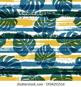 Modern monstera philodendron liana hole leaves over painted stripes seamless pattern design. Brazilian exotic foliage clothing fabric print. Tropical leaves silhouettes wallpaper.