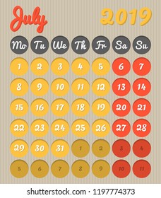 Modern month planning calendar in English for July 2019, cardboard style with vivid colors of yellow and red, weekend highlighted, Monday to Sunday  (all year avalaible in portfolio)