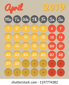 Modern month planning calendar in English for April 2019, cardboard style with vivid colors of yellow and red, weekend highlighted, Monday to Sunday  (all year avalaible in portfolio)