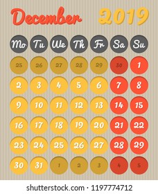 Modern month planning calendar in English for December 2019, cardboard style with vivid colors of yellow and red, weekend highlighted, Monday to Sunday  (all year avalaible in portfolio)