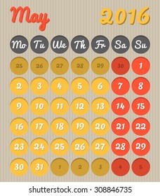 Modern month planning calendar in English for May 2016 (all year available in portfolio)