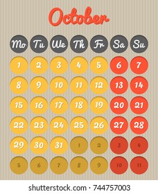 Modern month planning calendar in English for October 2018 (all year avalaible in portfolio)