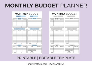 Modern monthly budget planner template for personal finance management, ideal as a printable KDP interior or digital