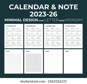 Modern monthly calendar and note for 2023, 2024, 2025, 2026, the week starts on Monday, calendar in the style of minimalist design, letter (8.5" x 11") size.