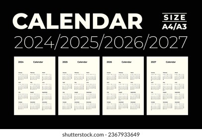 Modern monthly calendar and note for 2024, 2025, 2026, 2027, the week starts on Sunday, A4-A3 size.