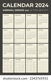 Modern monthly calendar note and planner for 2024, the week starts on Sunday, calendar in the style of minimalist design, letter (8.5" x 11") size.