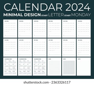 Modern monthly calendar note and planner for 2024, the week starts on Monday, calendar in the style of minimalist design, letter (8.5" x 11") size.