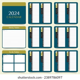 Modern Monthly calendar template for 2024 year. Desk calendar in a minimalist style. Planner for 2024 year. Notes, To do today, vector design set in nice gray and jungle green background.