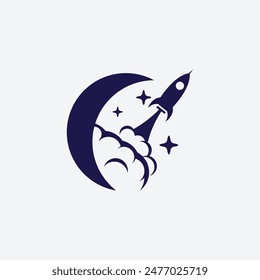 Modern Moon with Rocket Logo Vector Illustration