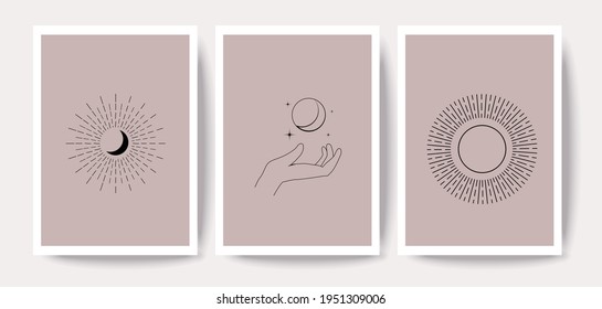 Modern Moon and Sun with hand in a minimal linear style. Vector logo design Templates with hand gestures and stars. For cosmetics, beauty, tattoo, Spa, manicure, jewelry store
