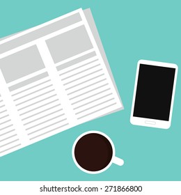 Modern morning flat style vector illustration. Newspaper, mobile phone and coffee.