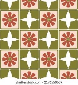 Modern Moroccan Style Floral Geometric Retro Tile Seamless Pattern Trendy Fashion Pattern Chic Colors Perfect for Allover Fabric Print or Wrapping Paper Olive Green Brown Tones