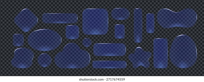 Conjunto de diseño de morfismo moderno con marcos de Botón de vidrio transparente y Formas 3d ui. Los reflejos de luz realistas enfatizan el estilo de interfaz elegante y el concepto de morfismo de Botón de vidrio liso.