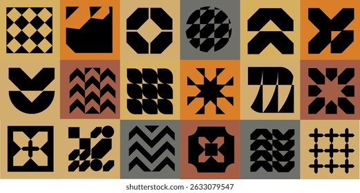 Modern mosaic background with bold abstract geometry. Minimalist postmodern composition, Swiss grid layout, brutal shapes, primitive blocks, and decorative art nouveau influence.