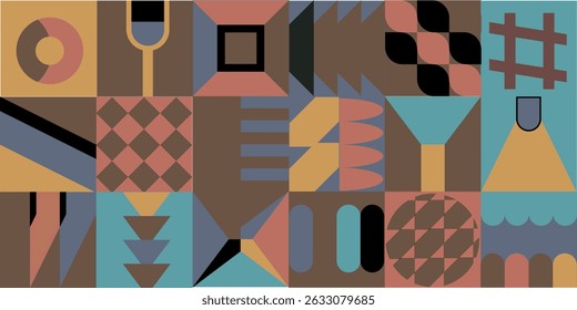 Modern mosaic background with bold abstract geometry. Minimalist postmodern composition, Swiss grid layout, brutal shapes, primitive blocks, and decorative art nouveau influence.