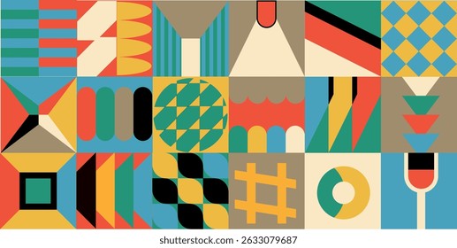 Modern mosaic background with bold abstract geometry. Minimalist postmodern composition, Swiss grid layout, brutal shapes, primitive blocks, and decorative art nouveau influence.