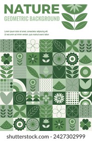 Modern mosaic background for branding cover, poster, banner. Geometric organic pattern with simple figures, circles, plants and hearts. Bauhaus posters with abstract forms, retro cover design. 