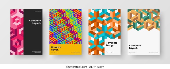 Modern mosaic hexagons banner template bundle. Multicolored placard vector design layout composition.