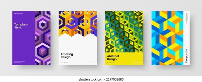 Modern mosaic hexagons company identity layout collection. Trendy pamphlet A4 vector design template bundle.