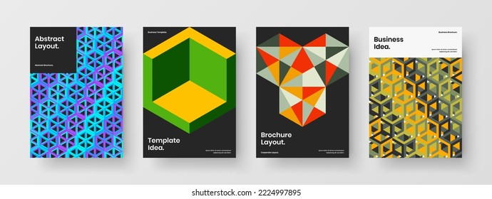 Modern mosaic hexagons pamphlet layout collection. Trendy presentation A4 vector design template set.