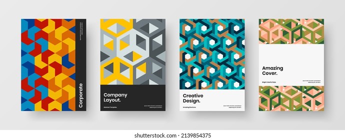 Modern mosaic hexagons presentation layout collection. Simple pamphlet A4 vector design illustration set.