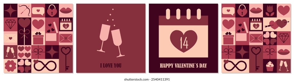 Modern mosaic pattern with Valentines Day icons. Abstract geometric greeting cards set for Happy Valentine`s Day. Vector illustration