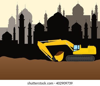 Modern Moslem Muslim Islam Construction Development Illustration With Heavy Machine And Mosque Sillhouette