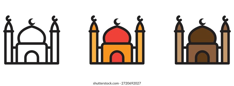 Moderno ícone da mesquita conjunto com contorno e versões coloridas para design religioso diverso