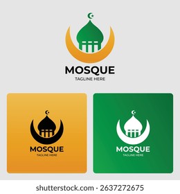Modern mosque logo design with crescent moon and dome in green and gold color variations. Suitable for Islamic institutions, mosque branding, or Muslim community identity.