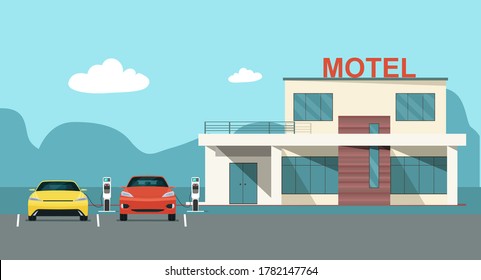 Modern motel with electric car parking and charging stations. Vector flat style illustration.