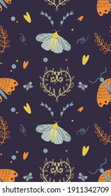 Modern moth, butterfly and flowers pattern. Blue, yellow and orange colors on purple background. Colorful seamless nature pattern. Digital paper for textile, fabric, background, wrapping paper