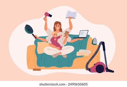 Modern mother with child. Multitasking woman. Girl does several things at same time. Busy parent. Domestic tasks and newborn baby care. Lots of hands with objects. Garish