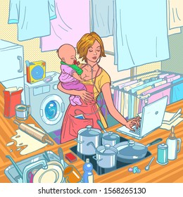 Modern mother with child. Remote work and household chores. Kitchen, cooking, washing, laptop computer, listening to music. Caring for infants. Comic cartoon pop art retro vector illustration drawing