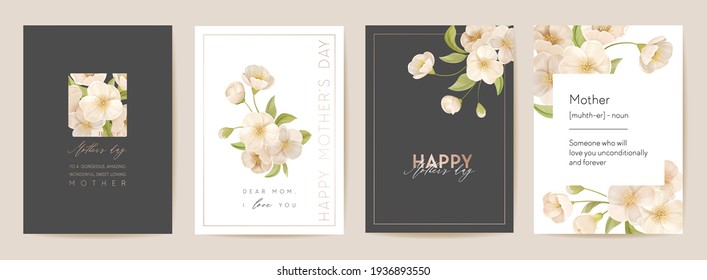 Modern Mother day holiday card. Mom and child postcard. Spring floral vector illustration. Greeting realistic sakura cherry flowers template, flower background, summer party design, cover for mothers