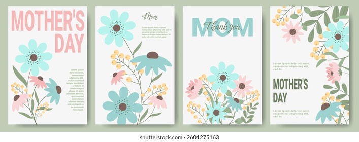 Modern Mother's Day Card, Poster, Banner, Flyer, Label or Cover with Abstract Flowers. Trendy Spring or Summer Holiday Floral Background in Flat Style. Cute Floral Bright Pattern art Style Design.