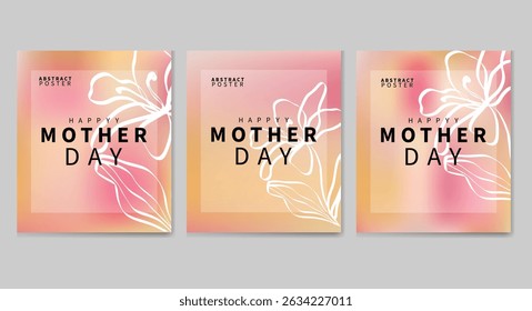  Modern Mother's Day posters with pastel gradients, white floral lines, and bold text—perfect for cards, social media, and events. pink mesh gradients  background vector illustration.