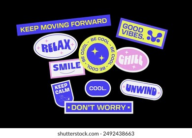 Modern motivational cool sticker pack. Positive affirmation inspirational phrases. Isolated vector stamps, labels, patches, tags with text. 